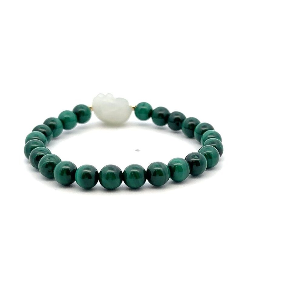 Natural Malachite Gemstones Stretch Bracelet and Carved Paw Jade 18k Tiny Beads - Picture 4 of 6